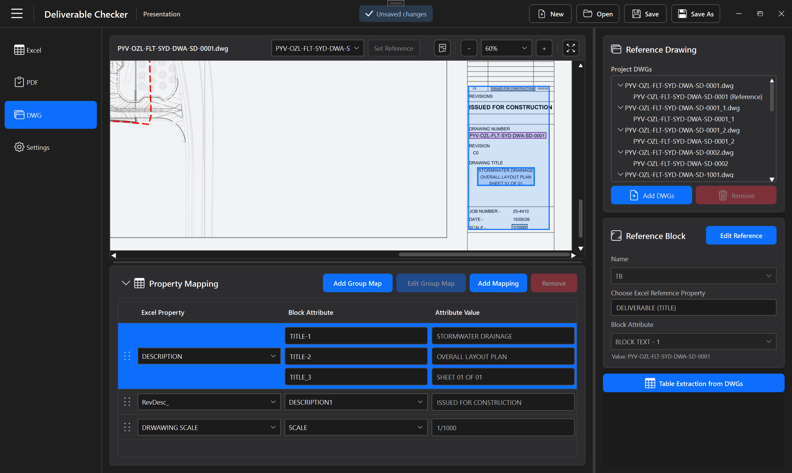 Deliverable Checker DWG workspace showing layout preview, reference configuration and property mapping