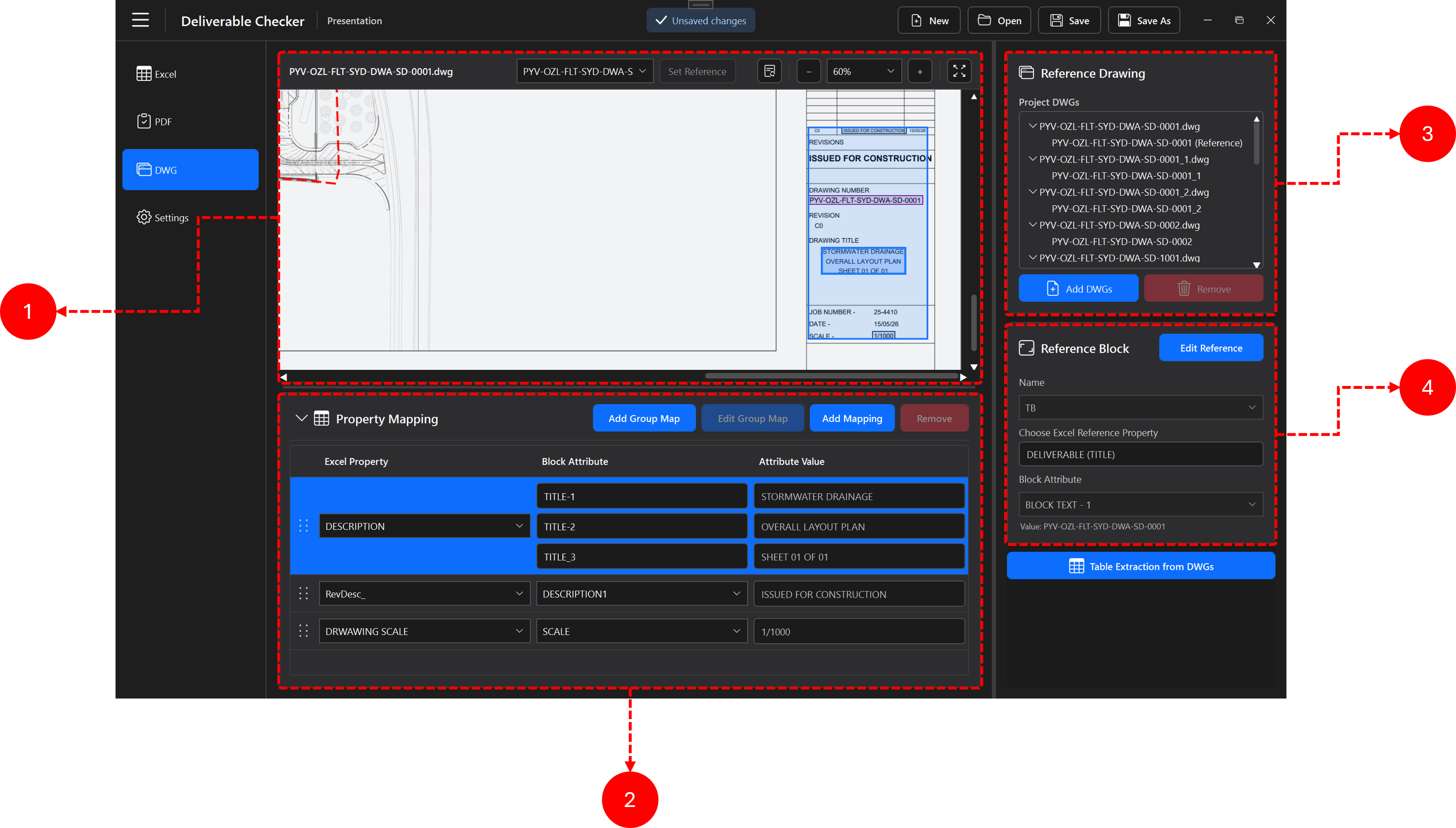 Deliverable Checker DWG workspace with numbered callouts