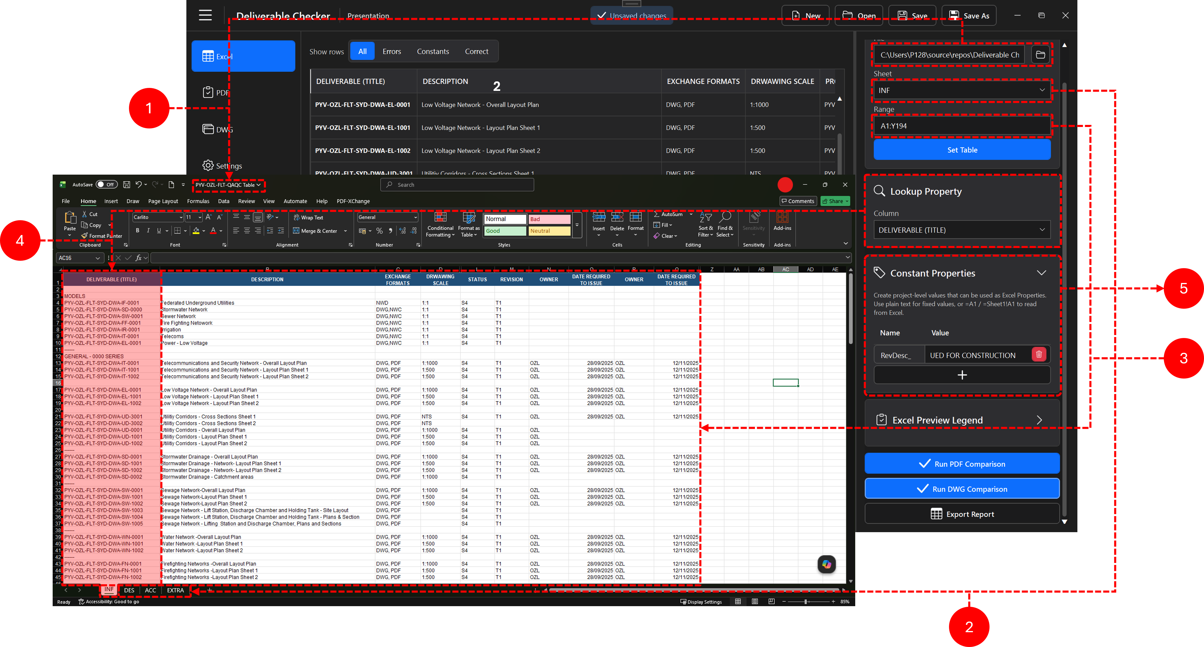 Excel application view and source workbook with updated numbered callouts