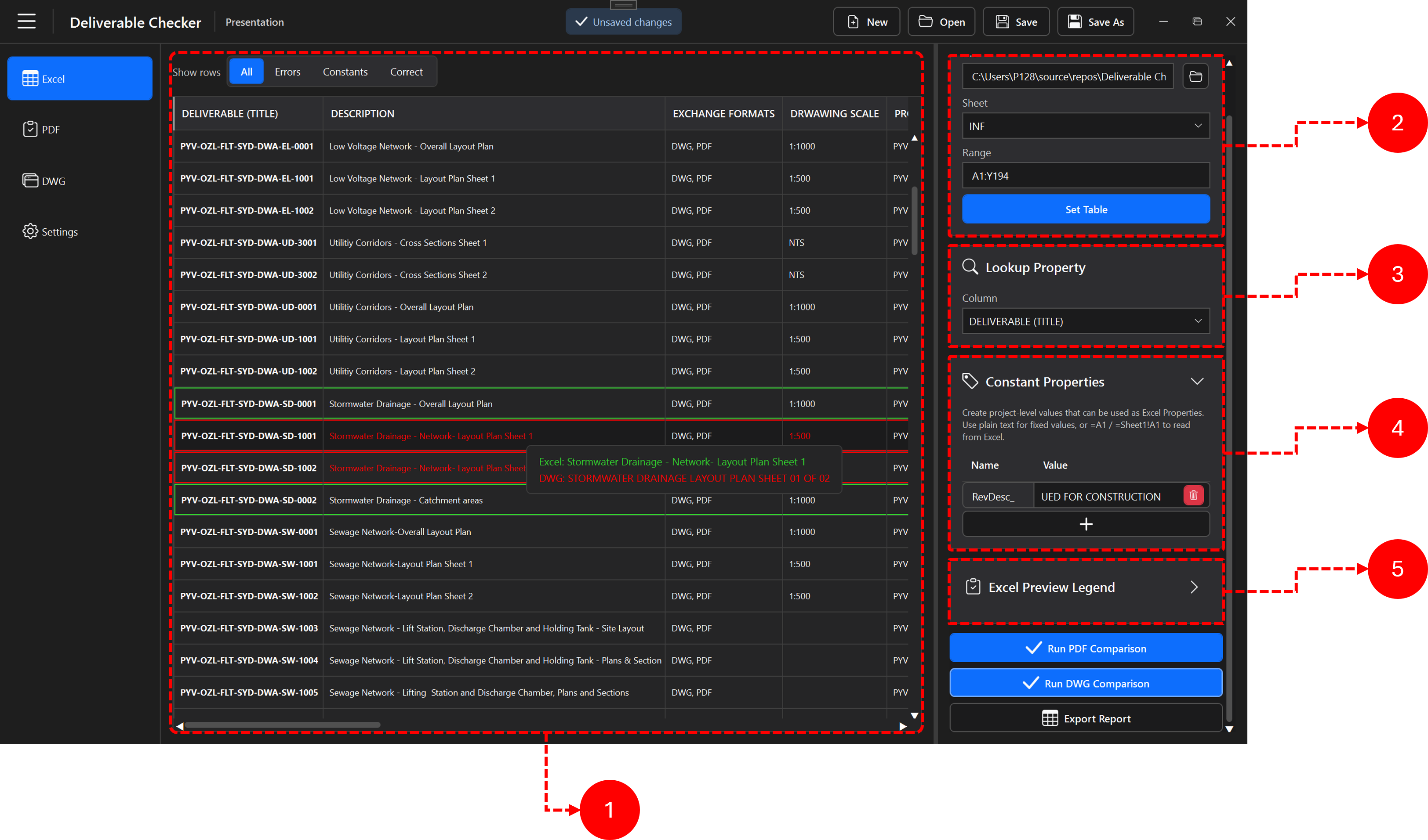 Deliverable Checker Excel workspace with numbered callouts
