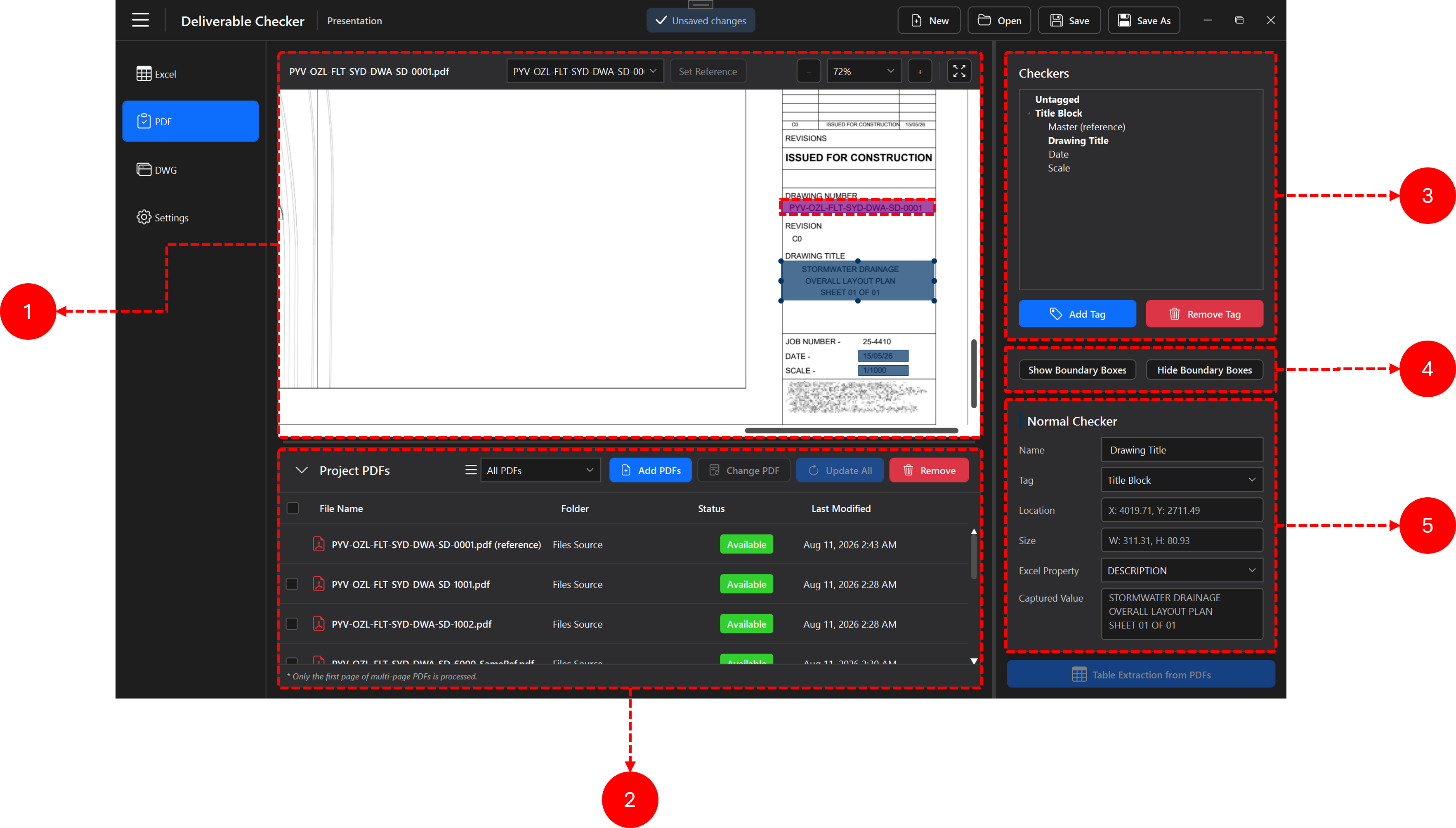 Deliverable Checker PDF workspace with updated numbered callouts