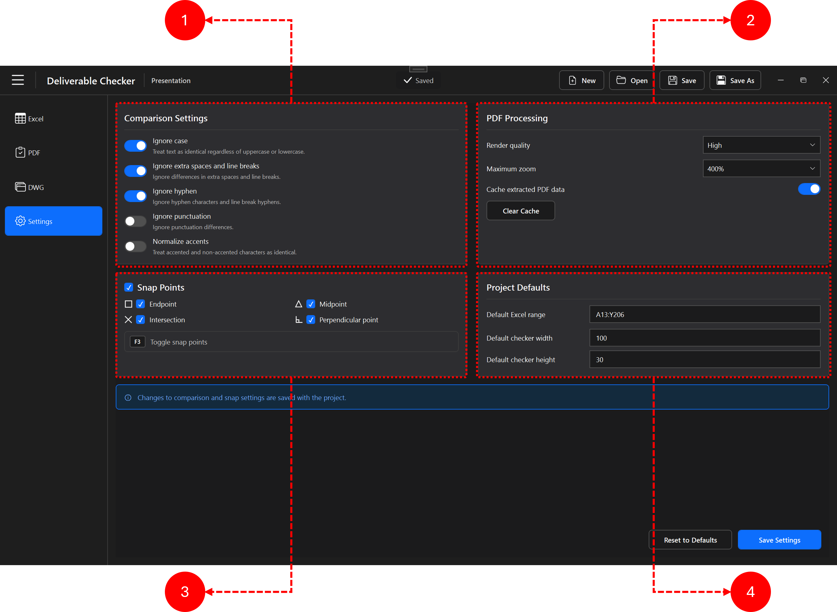 Deliverable Checker settings workspace with numbered callouts