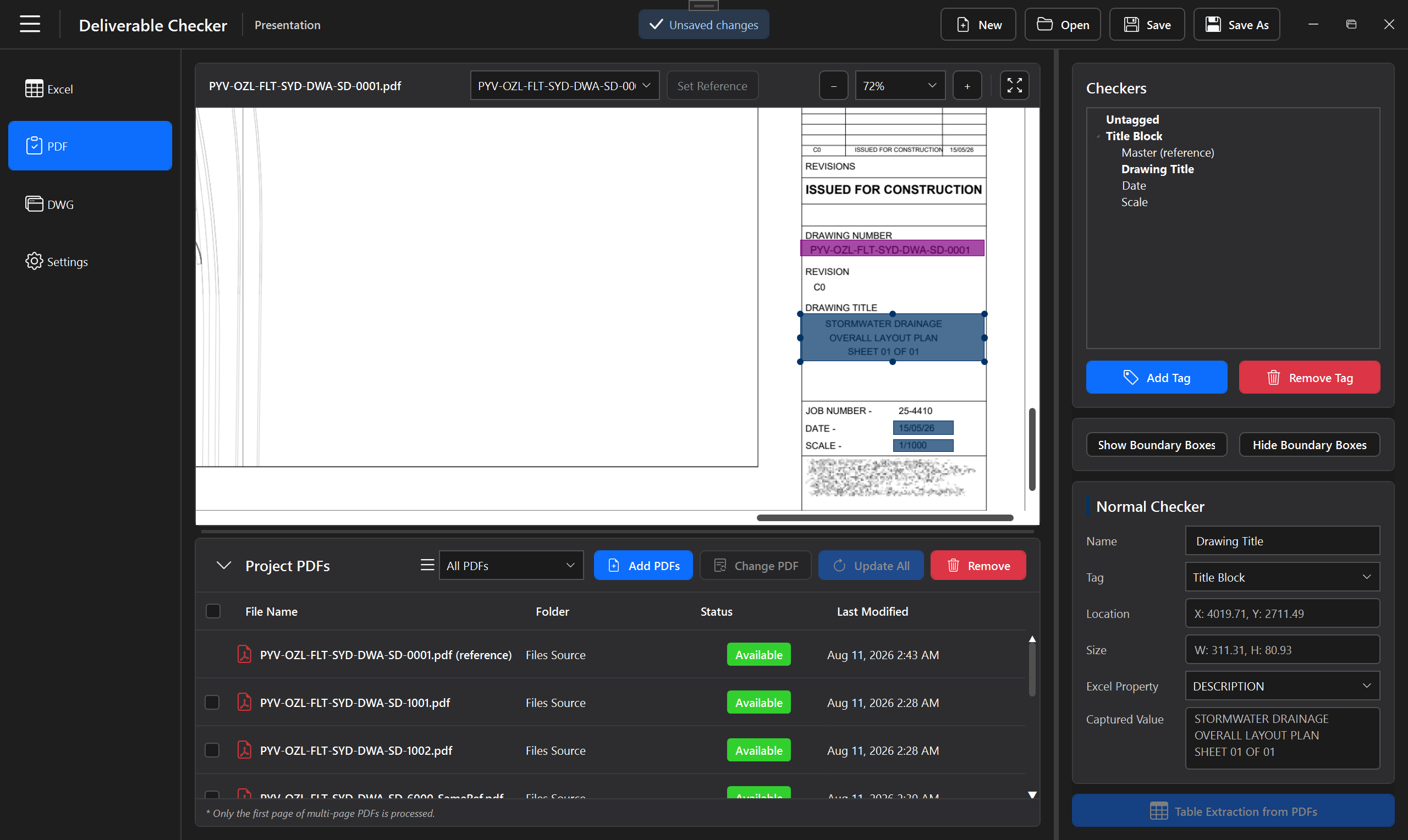 Deliverable Checker PDF workspace showing the drawing viewer and configured validation checker regions