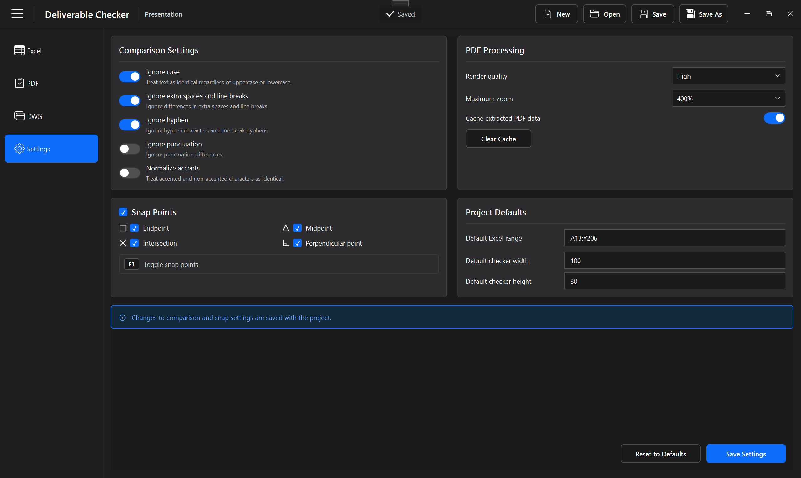 Deliverable Checker settings workspace showing application and validation configuration
